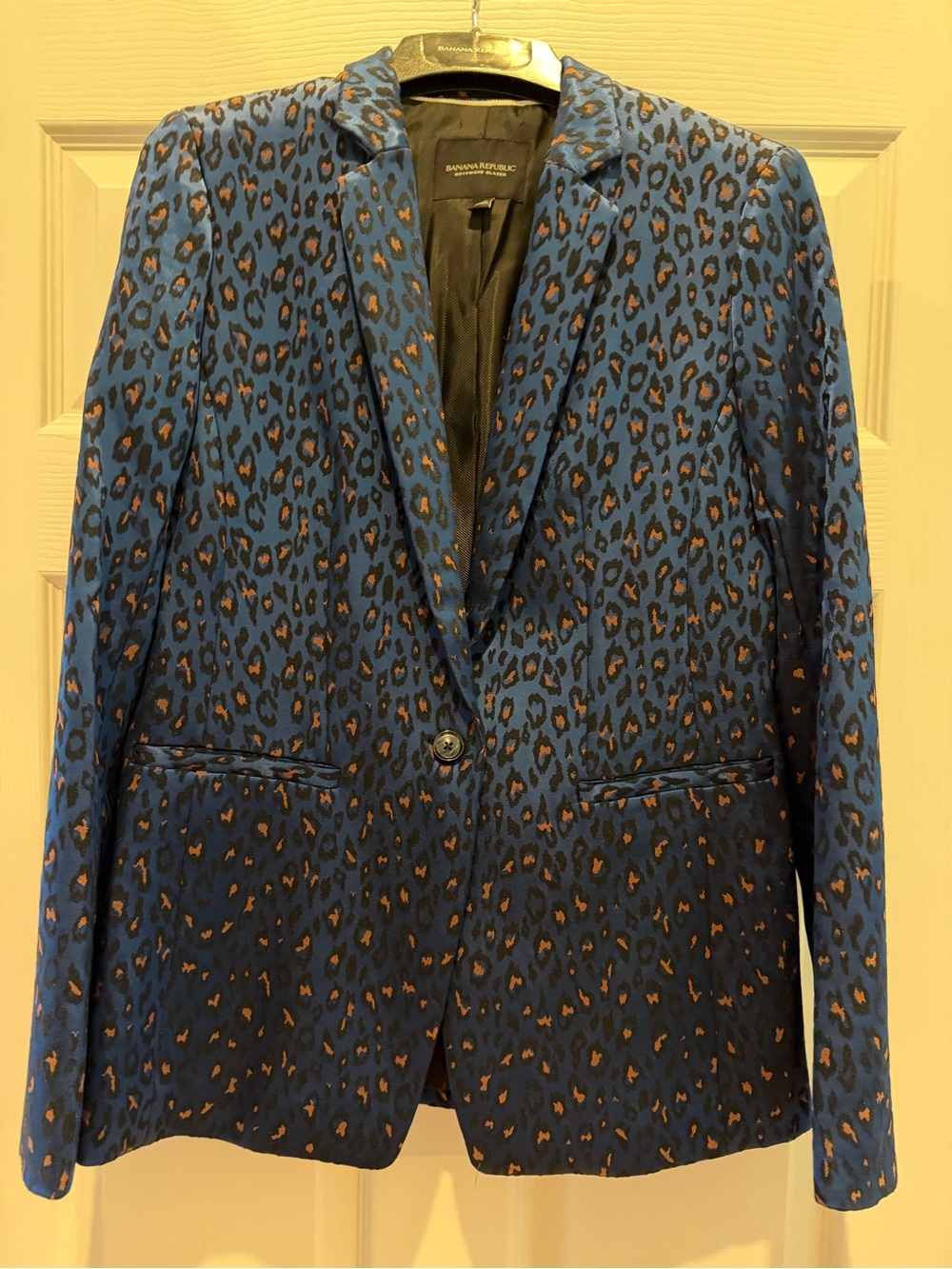 Banana Republic Boyfriend Blazer Blue Leopard Print One-Button Lined, Size 2